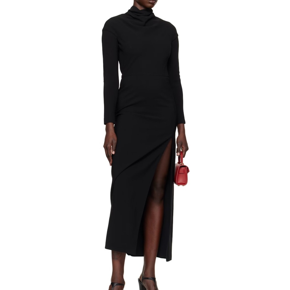 VERSACE Black Cady Draped-Neck Slit Maxi Dress